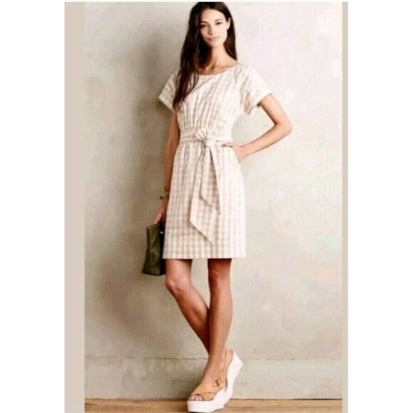 Anthropologie Dresses & Skirts - Anthropologie HD in Paris Gingham Print Short Sleeve Belted Dress in Tan Size 4
